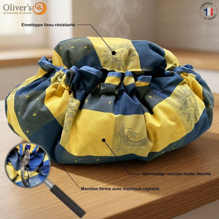Marmite norvégienne Oliver's, cuisson écolo et économique, boîtes imprimées couleur bleu et jaune avec enveloppe tissu résistant