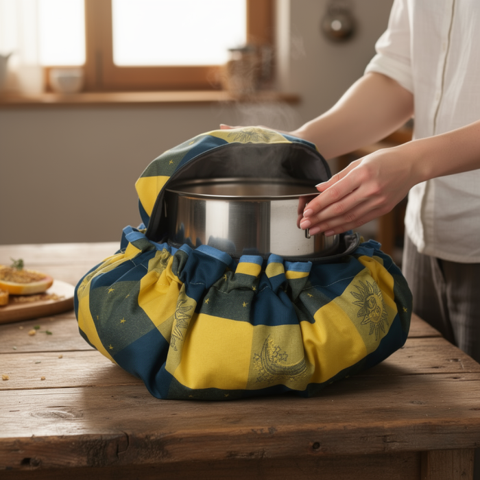 Cuisson écologique en action: marmite nordique OliVér's dans un sac chauffant réutilisable posé sur une table en bois.