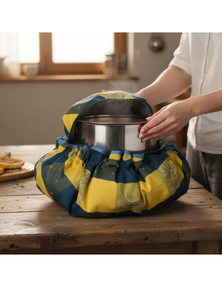 Cuisson écologique en action: marmite nordique OliVér's dans un sac chauffant réutilisable posé sur une table en bois.