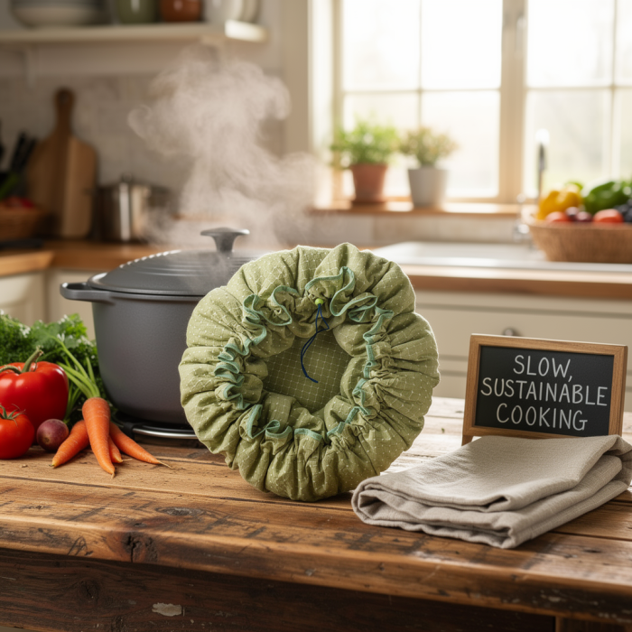 Cuiseur en pot éco-responsable à cuisson lente sur une table, entouré de légumes frais, avec un couvre-plat vert et un petit pan