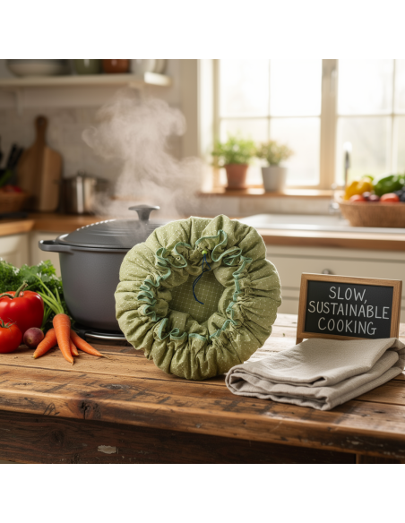 Cuiseur en pot éco-responsable à cuisson lente sur une table, entouré de légumes frais, avec un couvre-plat vert et un petit pan