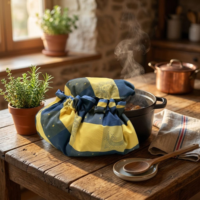Cocotte fumante sur une table en bois, enveloppe décorative bleu et jaune, posé près d’un plant et d’ustensiles, ambiance cuisin