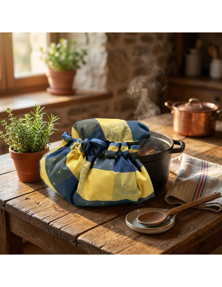 Cocotte fumante sur une table en bois, enveloppe décorative bleu et jaune, posé près d’un plant et d’ustensiles, ambiance cuisin