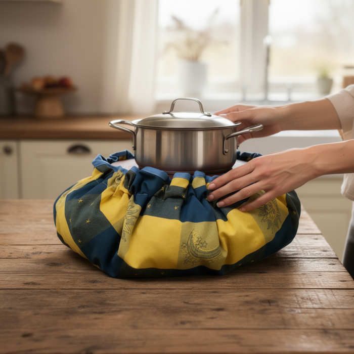 Marmite norvégienne Oliver's déposée sur une protection thermique réutilisable, cuisson écologique et économique, mains sur côté