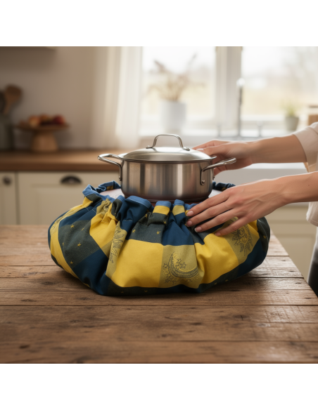 Marmite norvégienne Oliver's déposée sur une protection thermique réutilisable, cuisson écologique et économique, mains sur côté