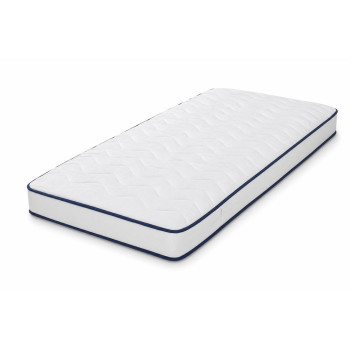 Matelas mousse 90x190 épaisseur 15 cm déhoussable, liseré bleu marine, sur fond blanc
