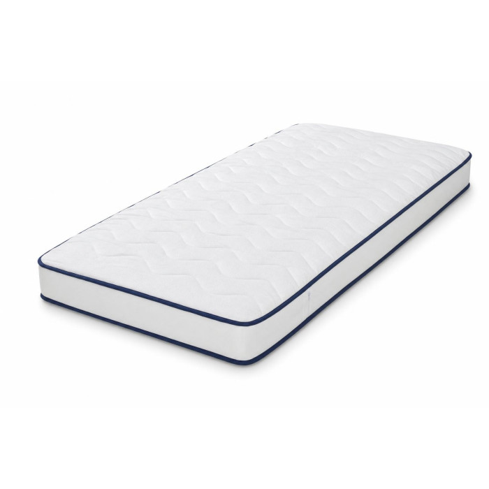 Matelas mousse 90x190 épaisseur 15 cm déhoussable, liseré bleu marine, sur fond blanc
