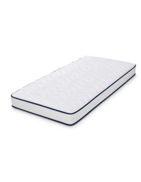 Matelas mousse 90x190 épaisseur 15 cm déhoussable, liseré bleu marine, sur fond blanc