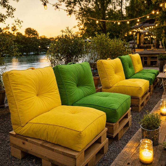 Fauteuils en palette avec coussins 60x60 jaunes et verts sur la terrasse d'une guinguette