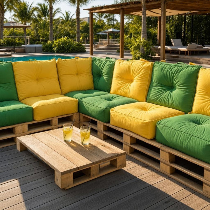 Salon palette en U avec coussins palette 60x60 jaunes et verts au bord de la piscine d'un hôtel