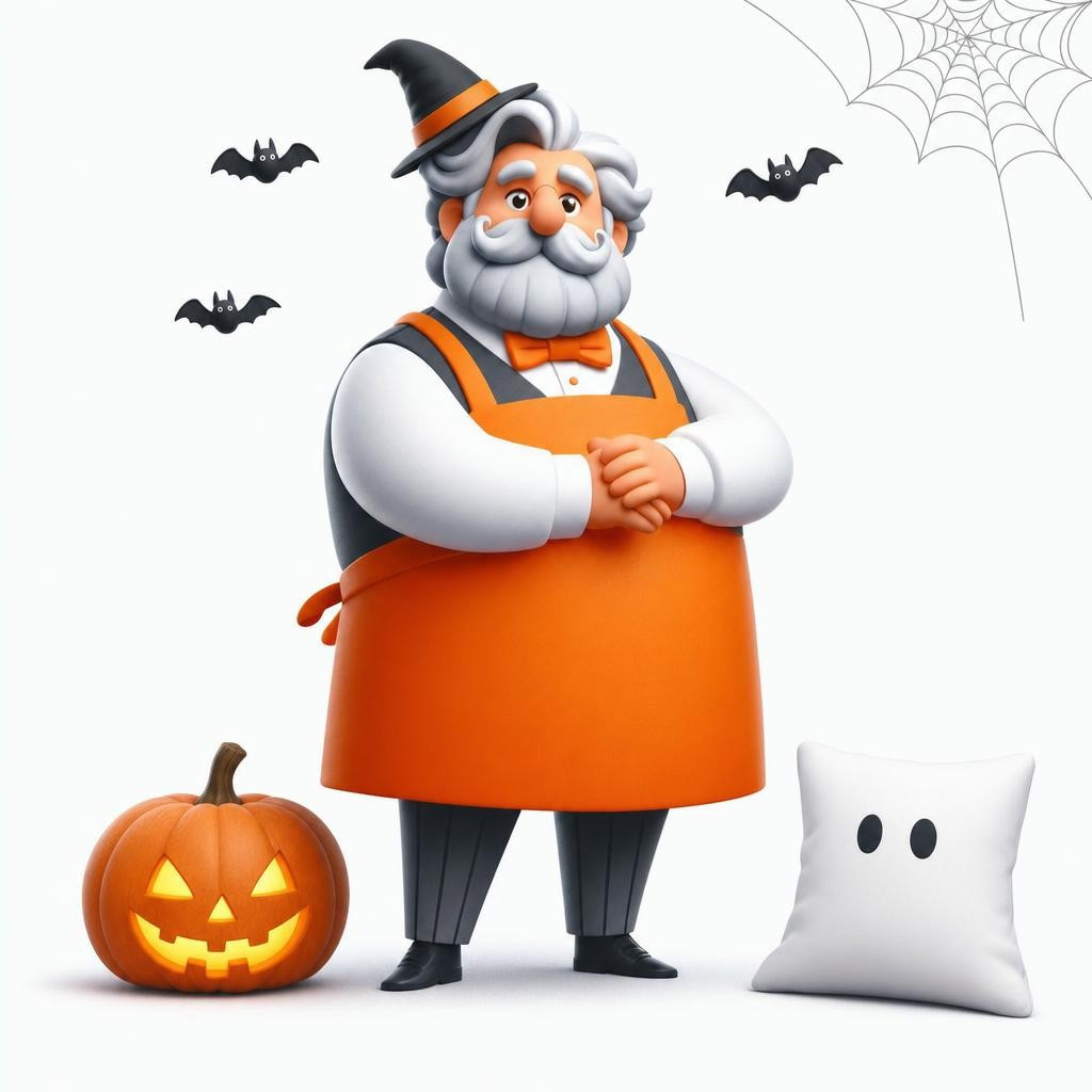 Mascotte Oliver's d&eacute;guis&eacute;e pour Halloween avec citrouille et oreiller fant&ocirc;me