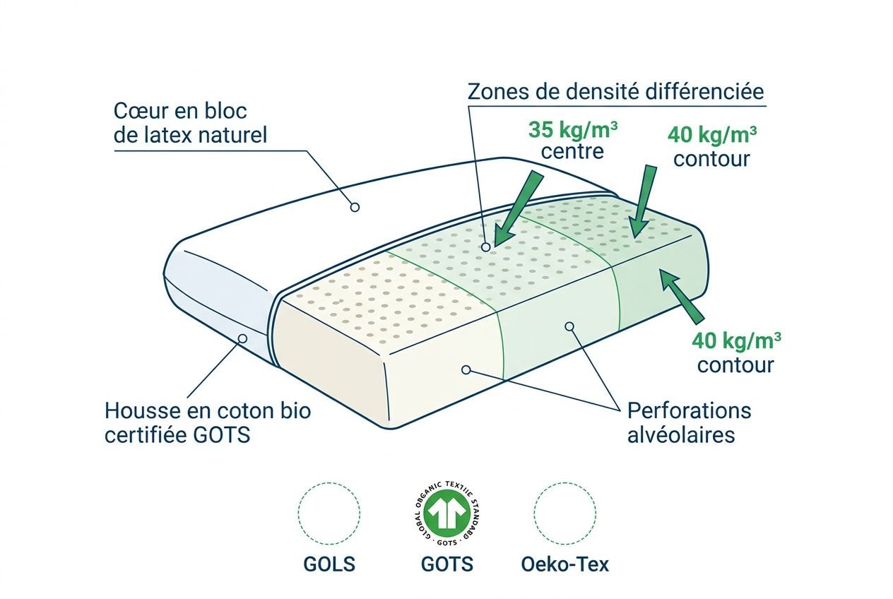 Oreiller latex naturel avec cœur en latex naturel, zones de densité différenciée et housse en coton biologique certifiée GOTS, perforations alvéolaires et contours 35–40 kg/m3.