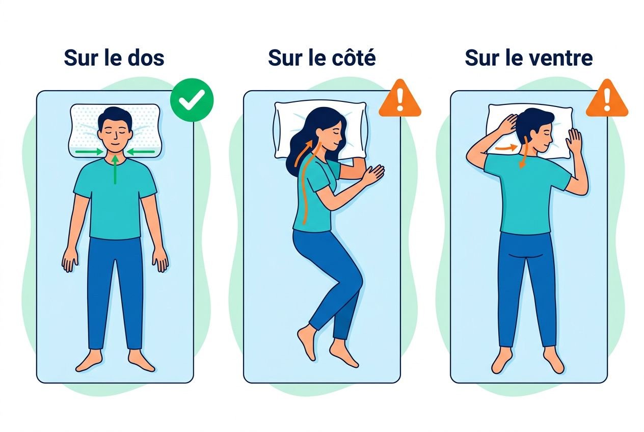 Oreiller latex naturel : homme dormant sur le dos, parallèle, avec comparaison des positions sur le côté et sur le ventre.