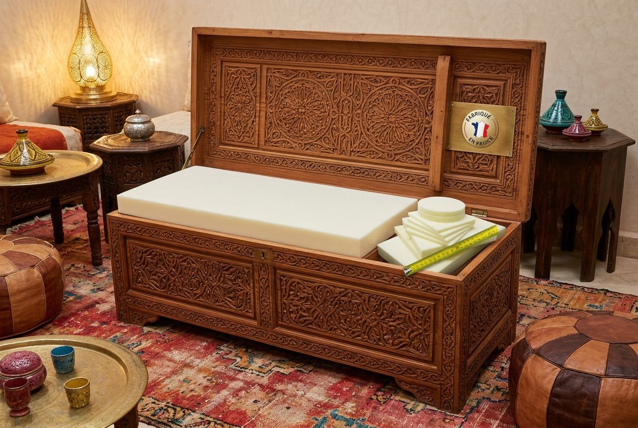 Salon marocain avec coffre : coffre en bois finement sculpté, coussin beige, décor oriental et objets colorés autour.