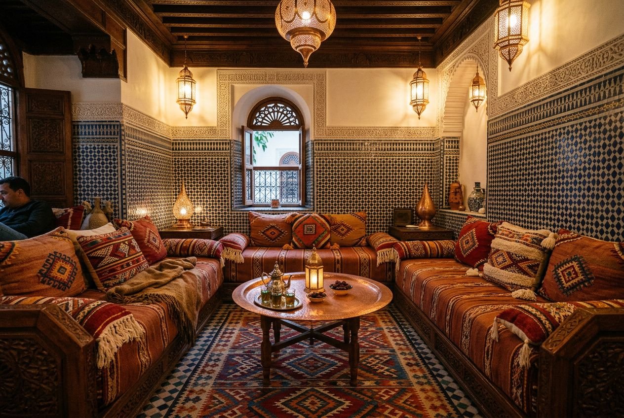 Salon marocain confortable idées : salon très chaleureux avec canapés méridionaux colorés, tapiss et lanternes sculptées au centre.