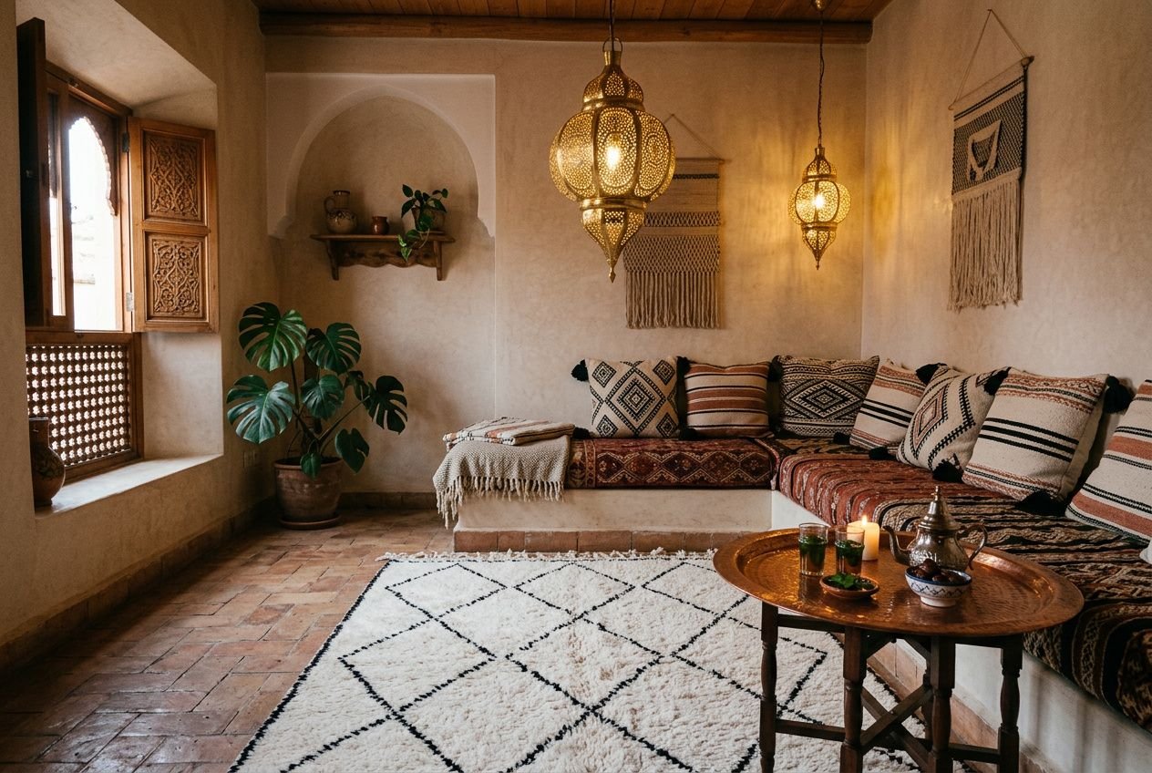 Salon marocain moderne avec banquette basque colorée, coussins géométriques, tapis crème à motifs, lampes suspendues ornementales et plantes tropicales. Amenagement salon marocain moderne.
