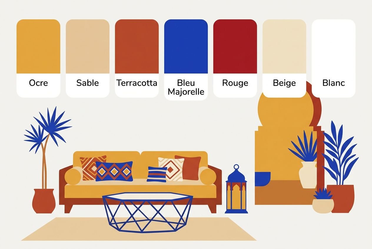 Salon marocain moderne : canapé jaune, coussins colorés, table basse bleue, poteries et plantes avec palette ocre, sable, terracotta, bleu majorelle, rouge, beige, blanc.
