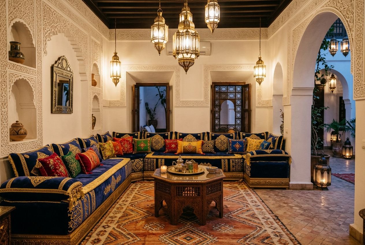 Salon marocain moderne avec dossier : vaste canapé d’angle bleu et doré, coussins colorés, table basse en bois et lanternes suspendues, ambiance chaleureuse et élégante.